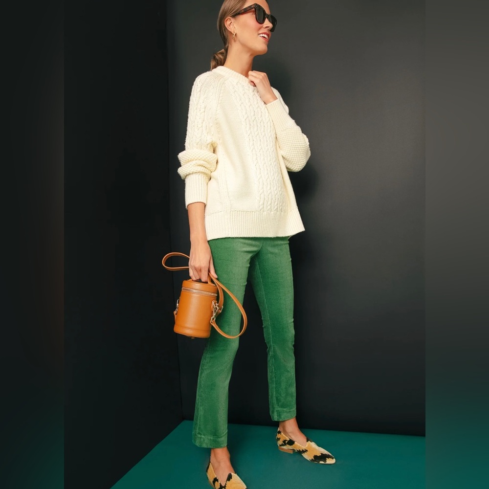 Tuckernuck Green Corduroy Straight-Leg Pants with Cream Sweater